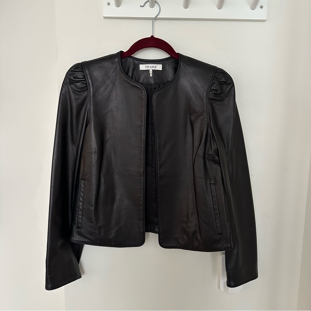 Frame Women's Black Leather Collarless Jacket